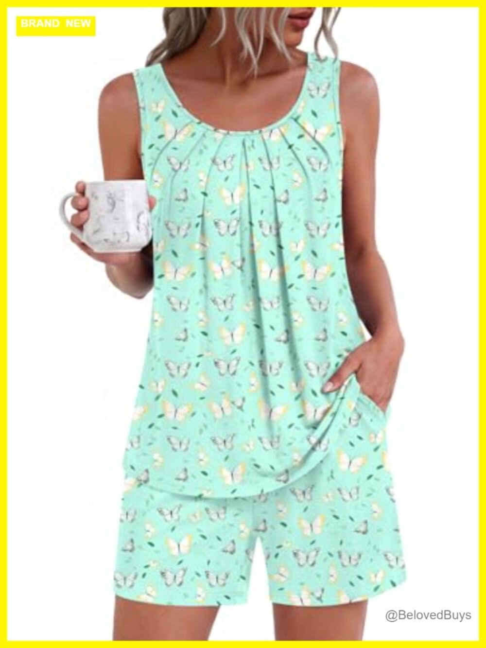 Women's 2 Piece Pajama Set Sleeveless Top & Shorts Sleepwear with Pockets